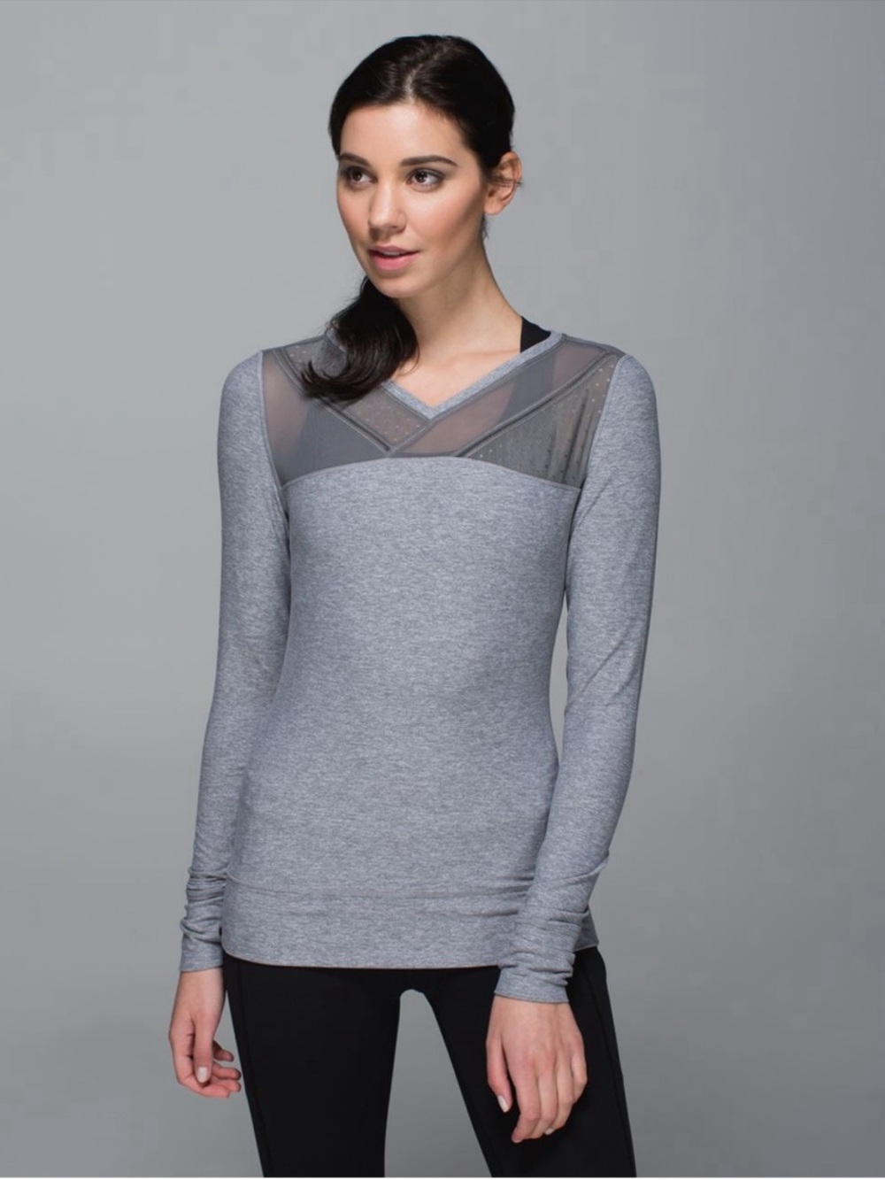 EUC lululemon athletica Heather Gray Long-Sleeve Mesh Inset Top